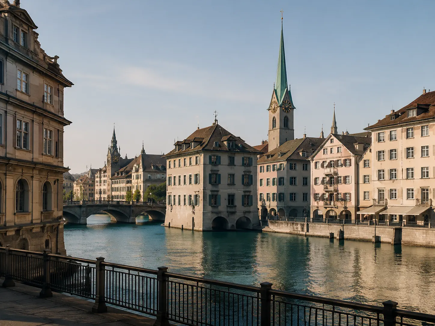 Uitzicht over de rivier op de oude binnenstad van Z&uuml;rich
